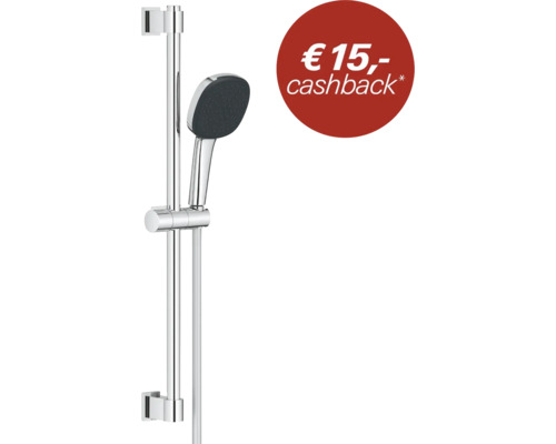 Doucheset met handdouche, glijstang, doucheslang en 15 euro cashback actie.