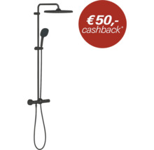 Douchesysteem in mat zwart met regendouchekop, handdouche en thermostaatkraan inclusief 50 euro cashback symbool.