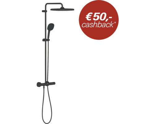 Douchesysteem in mat zwart met regendouchekop, handdouche en thermostaatkraan inclusief 50 euro cashback symbool.