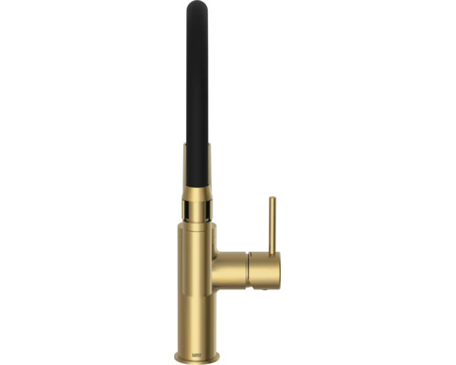 Lenz eenhendel keukenmengkraan in goud en zwart met hoge uitloop. Lenz Logo.