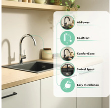 Keukenkraan in chroom met functies: AirPower, CoolStart, ComfortZone, draaibare uitloop en eenvoudige montage.