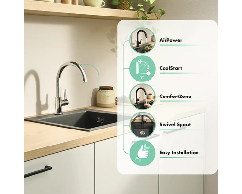 Keukenkraan in chroom met functies: AirPower, CoolStart, ComfortZone, draaibare uitloop en eenvoudige montage.