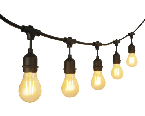 LED prikkabel met warmwitte filamentlampen in vintage stijl en zwart snoer.