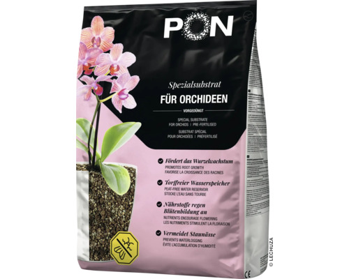 Lechuza-PON speciaal substraat voor orchideeën, voorbemest, turfvrij, bevordert wortelgroei en bloei, voorkomt wateroverlast.