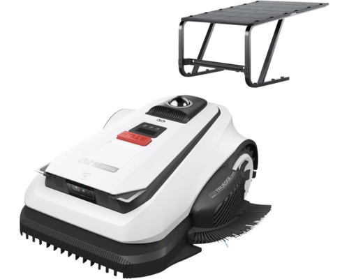 Robotmaaier met witte behuizing, zwarte details en rode stopknop, inclusief zwart garagedak.