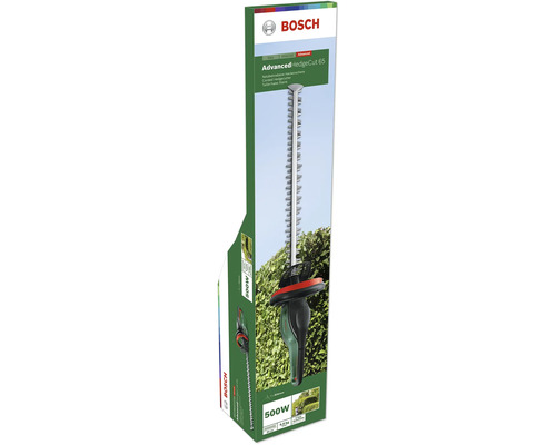 Bosch AdvancedHedgeCut 65 elektrische heggenschaar in verpakking met 500 Watt vermogen en 65 centimeter meslengte.