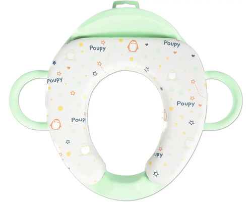 Lichtgroene gevoerde toiletverkleiner voor kinderen met handgrepen en pinguïn- en sterrenpatroon van Poupy.