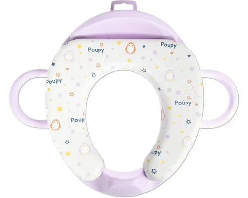Lila gevoerde toiletverkleiner voor kinderen met handgrepen aan de zijkant en pinguïnmotief.