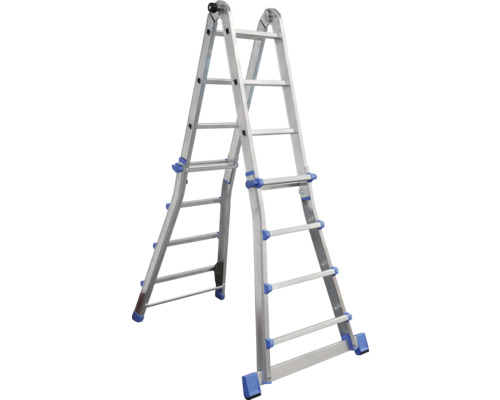Telescopische multifunctionele ladder van aluminium in trapladderstand met verstelbare sporten en stabiele voeten.