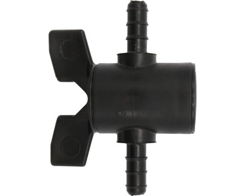 Zwarte kunststof afsluitkraan met slangaansluitingen en vleugelgreep voor tuinirrigatie.