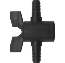 Zwarte kunststof afsluitkraan voor slangen met twee slangtules, Heissner Logo.