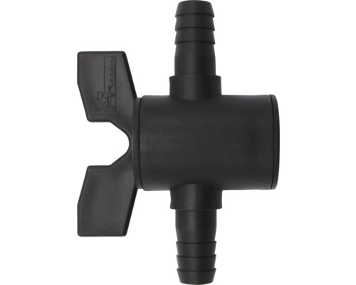 Zwarte kunststof afsluitkraan voor slangen met twee slangtules, Heissner Logo.