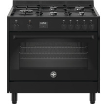 Vrijstaand gasfornuis met elektrische oven in het zwart, vijf branders, digitaal display en La Germania Logo.