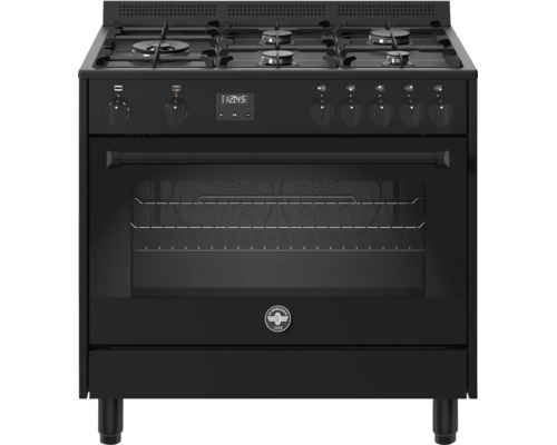 Vrijstaand gasfornuis met elektrische oven in het zwart, vijf branders, digitaal display en La Germania Logo.
