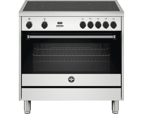 Vrijstaand inductiefornuis van roestvrij staal met oven, zeven draaiknoppen, digitaal display en La Germania Logo.