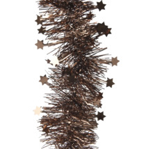 Glanzende kerstslinger van lametta versierd met kleine sterren.