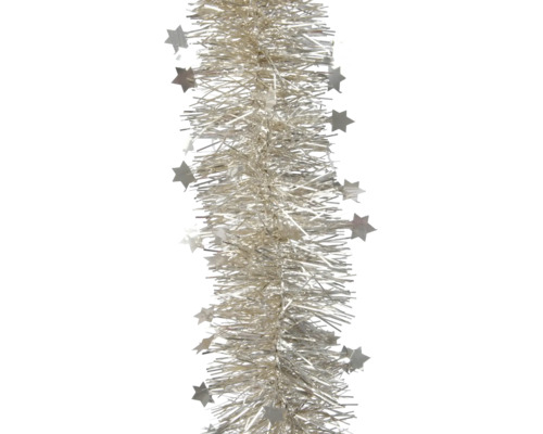 Zilveren kerstslinger van lametta met kleine sterren voor kerstdecoratie.