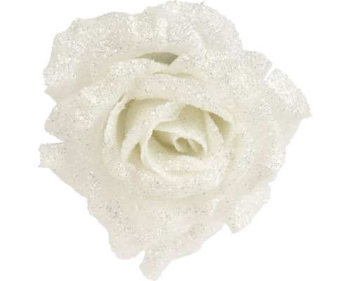 Witte kunstroos met glitters voor decoratie.