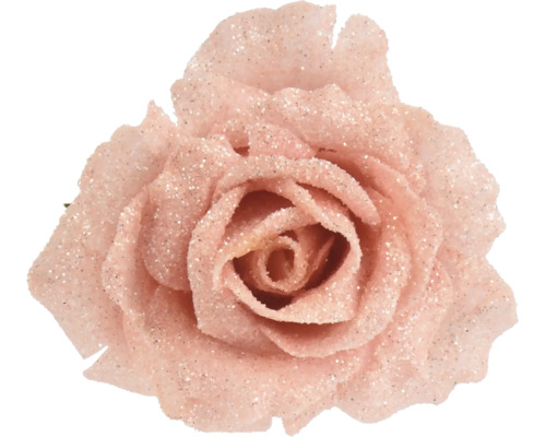 Kunstmatige roze roos met glitters voor decoratieve doeleinden.