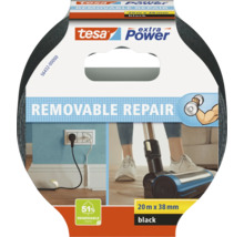 tesa extra Power Removable Repair textieltape in zwart, 20 meter bij 38 millimeter, verwijderbaar zonder lijmresten, voor reparaties in huis.