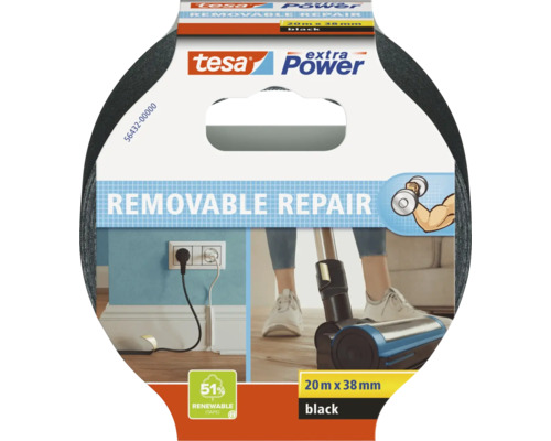 tesa extra Power Removable Repair textieltape in zwart, 20 meter bij 38 millimeter, verwijderbaar zonder lijmresten, voor reparaties in huis.