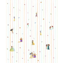 Kinderbehang met Disney prinsessen motieven en verticale strepen.