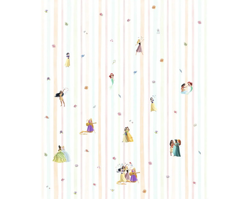 Kinderbehang met Disney prinsessen motieven en verticale strepen.