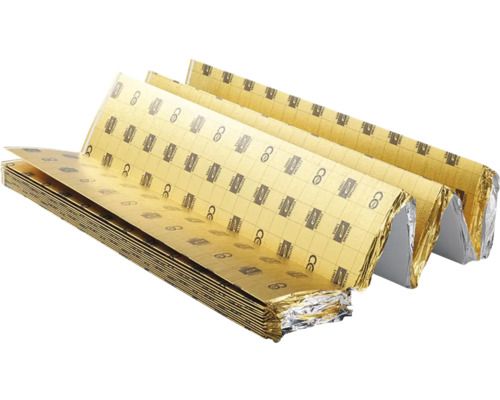 Gevouwen gouden ondervloer voor laminaat en parket met geïntegreerd vochtscherm en bedrukte snijlijnen voor eenvoudig op maat maken.