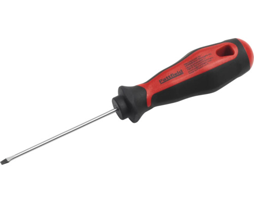 Pattfield sleufschroevendraaier met ergonomische handgreep en stalen schacht.