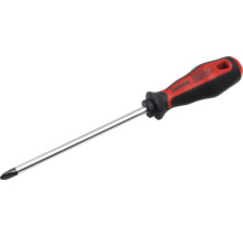 Pattfield kruiskopschroevendraaier met zwart-rood kunststof handvat en zilveren metalen steel.