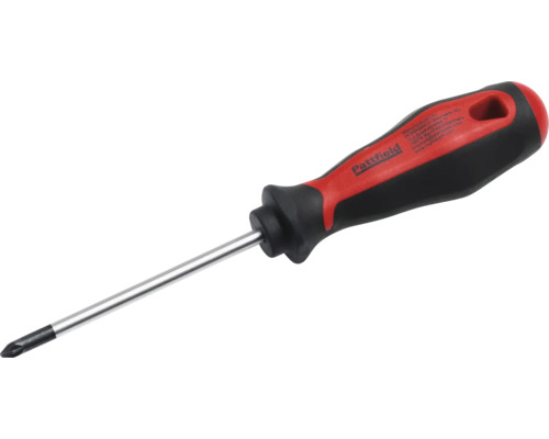 Pattfield kruiskopschroevendraaier met ergonomische rood-zwarte handgreep en verchroomde kling.