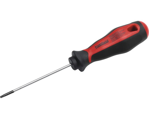 Pattfield schroevendraaier met ergonomische twee-componenten handgreep in rood en zwart en een lange stalen kling.