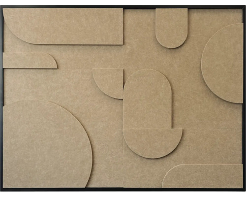 Moderne driedimensionale wanddecoratie met abstracte geometrische vormen van gestructureerd materiaal in een zwarte lijst.