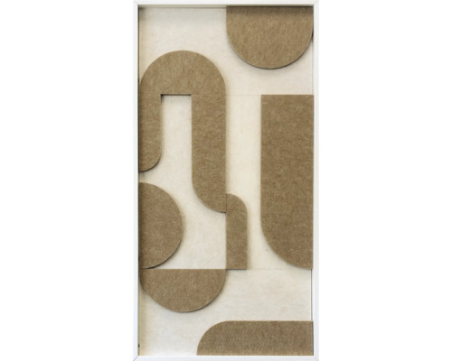 Akoestisch wandpaneel met abstracte geometrische viltvormen en een witte lijst.