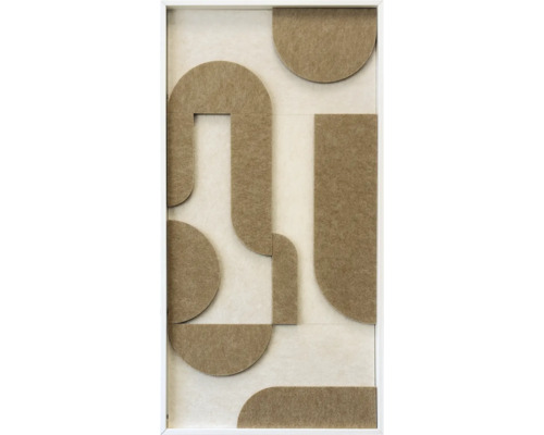 Abstract akoestisch wandpaneel met geometrische vormen van vilt in een witte lijst voor wanddecoratie.