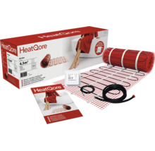 HeatQore elektrische vloerverwarmingsset met rode mat 4,5 vierkante meter, witte thermostaat en handleiding.