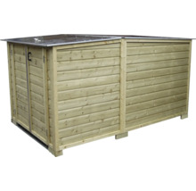 Houten afvalcontainerbox met horizontale lamellen, metalen dak en een deur aan de linkerzijde.