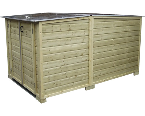 Houten afvalcontainerbox met horizontale lamellen, metalen dak en een deur aan de linkerzijde.