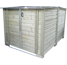 Houten afvalcontainerberging met metalen deksel en een deur voor in de tuin.
