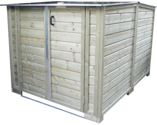Houten afvalcontainerberging met metalen deksel en een deur voor in de tuin.