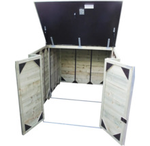 Houten afvalcontainerbox met twee deuren en een openklappend deksel voor opslag buiten.