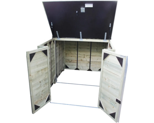 Houten afvalcontainerbox met twee deuren en een openklappend deksel voor opslag buiten.