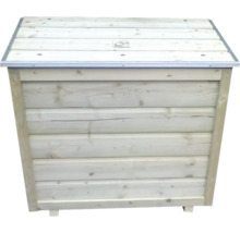 Houten tuinbox van naaldhout met metalen afwerking op het deksel.