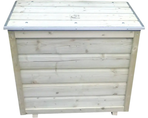 Houten tuinbox van naaldhout met metalen afwerking op het deksel.