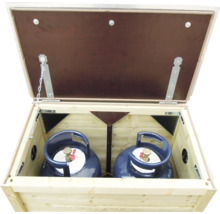 Houten gasflessenkast voor twee gasflessen met geopend deksel en ventilatieopeningen.