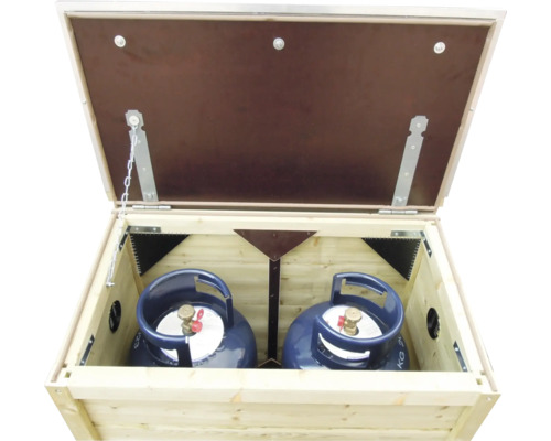 Houten gasflessenkast voor twee gasflessen met geopend deksel en ventilatieopeningen.