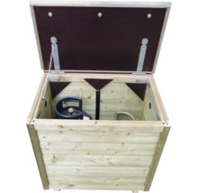 Open houten gasflesberging met een gasfles aan de binnenzijde.