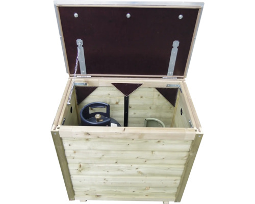 Open houten gasflesberging met een gasfles aan de binnenzijde.