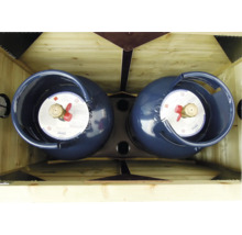 Twee blauwe gasflessen in een houten gaskast, bovenaanzicht.