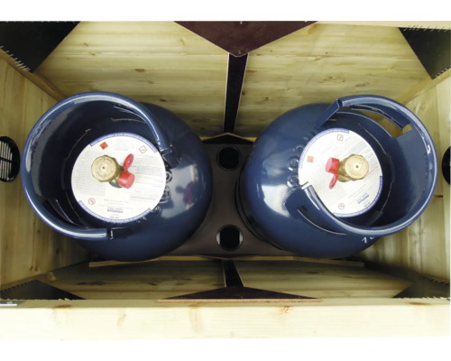 Twee blauwe gasflessen in een houten gaskast, bovenaanzicht.